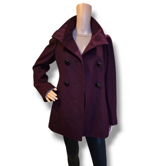 M. JULIAN Women's Wined Red Wool Blend Double Breasted Pea Coat - Picture 2 of 16